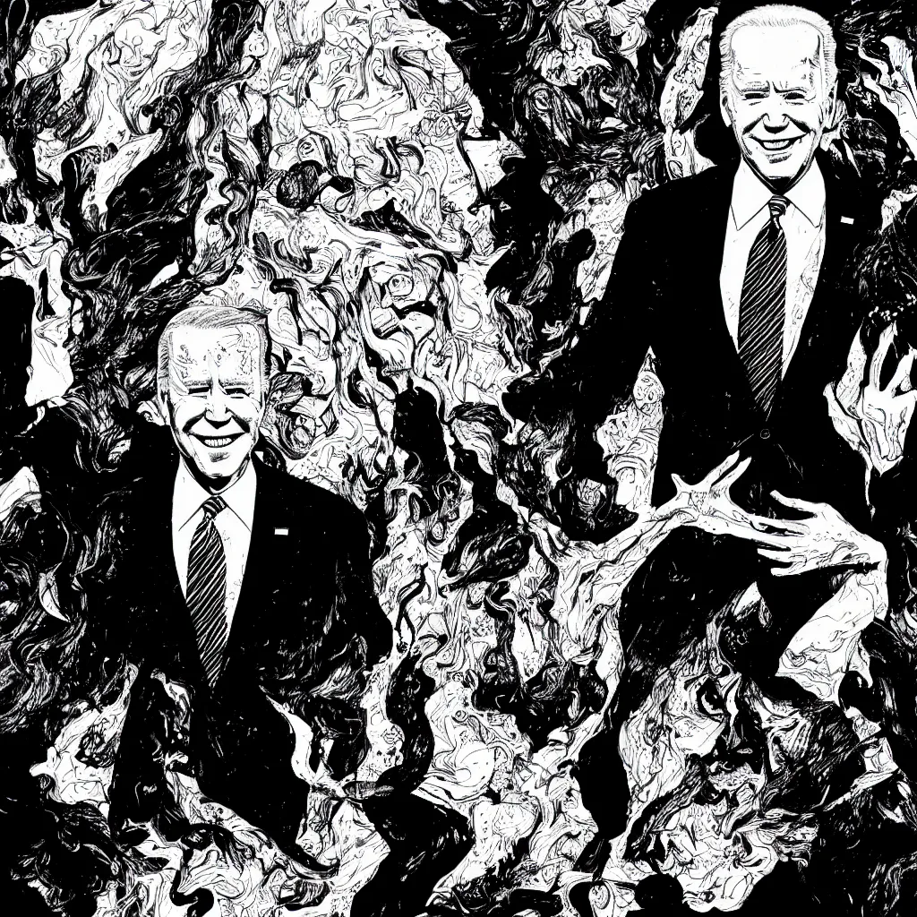 Image similar to Joe Biden full body portrait, body horror, black and white Illustration by Junji Ito