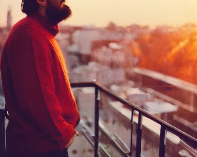 Image similar to lomographic photo of 4 0 years russian man with beard and sweater standing on small hrushevka 9 th floor balcony in taigaд looking at sunset, perfect faces, cinestill, bokeh