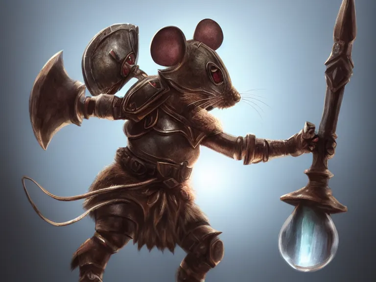Image similar to warrior mouse with armor reaches for floating crystal, RPG Portrait, trending on Artstation, Pose Study, Photorealistic, ultra detailed, award winning