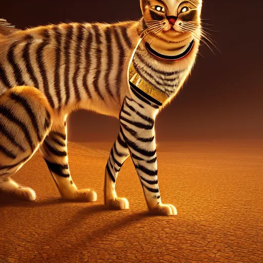 Image similar to egyptian cat, golden hour, fantasy, sharp focus, digital art, hyper realistic, 4 k, unreal engine, highly detailed, hd, dramatic lighting by brom, trending on artstation