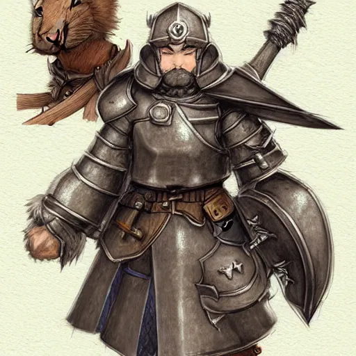 Image similar to heroic character design of anthropomorphic beaver, heroic beaver, portrait of face, medieval holy crusader, final fantasy tactics character design, character art, whimsical, lighthearted, colorized pencil sketch, highly detailed, Akihiko Yoshida,