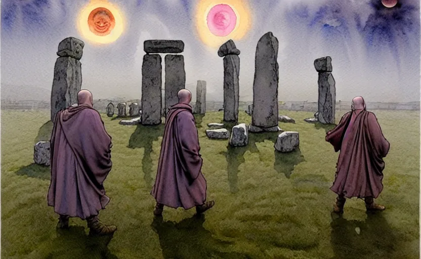 Prompt: a hyperrealist watercolour character concept art portrait of small grey medieval monks with floating stones in the air in front of a complete stonehenge monument on a misty night. a ufo is in the sky. by rebecca guay, michael kaluta, charles vess and jean moebius giraud