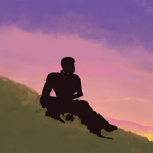 Image similar to A painting of a silhouette of Kanye West sitting on a hill by the sunset by Shinji Arakami, dreamy, pink skies, cloudy, melancholic, anime, cool, Ghibli-style, disney-style, extremely detailed