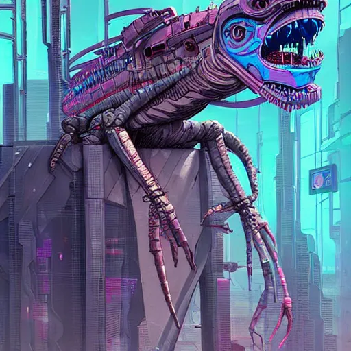 Prompt: A cyberpunk reptile cyborg on the street of a cyberpunk city art by Josan Gonzalez, sci-fi, highly detailed, digital painting, artstation, smooth, sharp focus, illustration, concept art by Josan Gonzalez and James Gurney and Mœbius