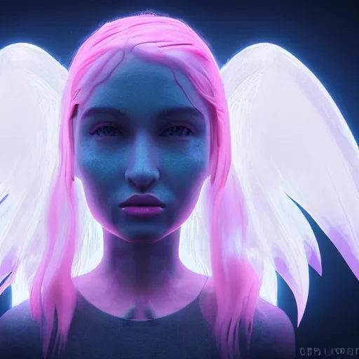 Image similar to angel spirit guide, cartoon portrait made out of rain, realistic, highly detailed, neon, rendered in octane, unreal engine, beautiful, trending on artstation,