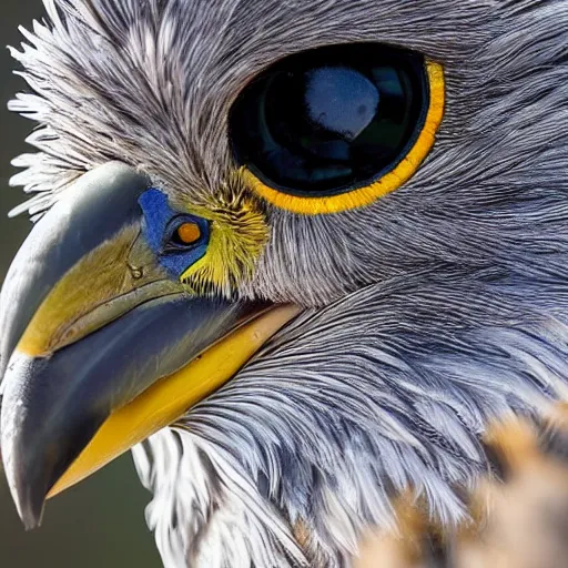 Image similar to scenic photo of a bird of prey, covered in feathers. focus on the beak. intricate eyes. extremely large wings. extreme detail, hyperrealistic photo