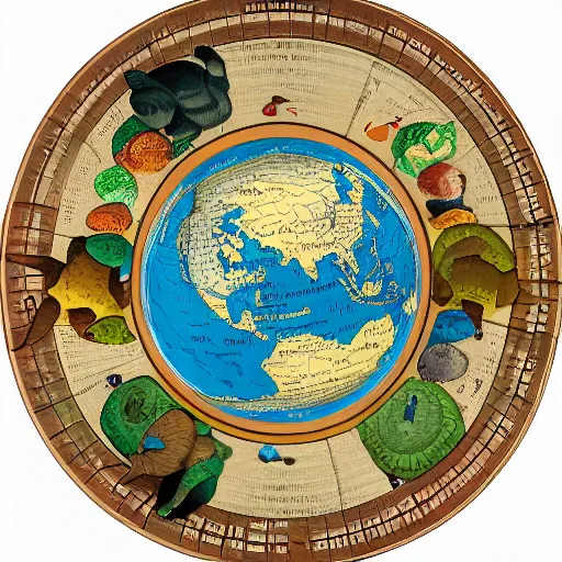 Image similar to a stack of turtles beneath a round disc showing a map of the earth, earth on top