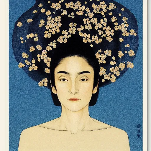 Image similar to “ rachel weisz portrait by ikenaga yasunari and ayana otake and ko rakusui, 6 0 s poster, drawing, realistic, sharp focus, japanese, dreamy, nostalgia, faded, golden hues, floral clothes ”