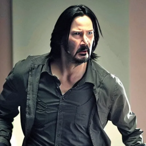 Prompt: keanu reeves as wolverine in emotional movement, attack the enemies