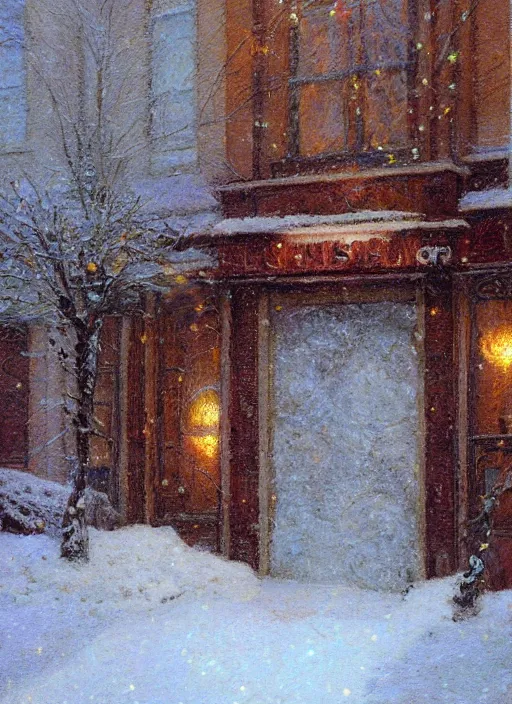 Image similar to new york apartment building in winter, wreath on door, snow, artwork by gaston bussiere, craig mullins, trending on artstation