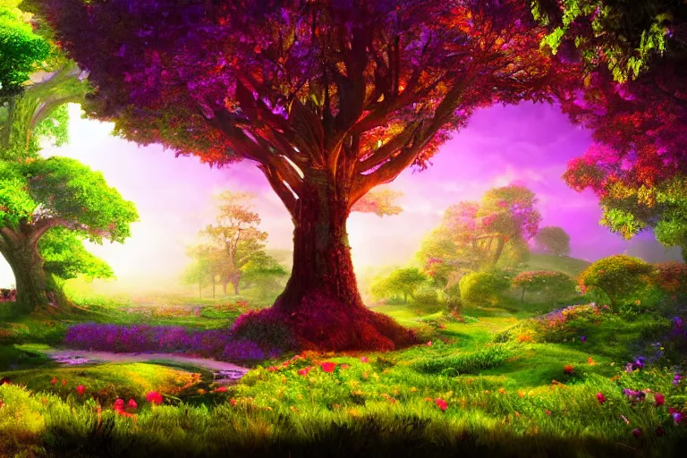 Prompt: Landscape of a beautiful enchanted fantasy world. Colorful. A giant tree. Cinematic lighting. Photorealism.