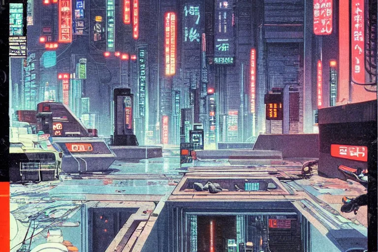 Image similar to 1979 OMNI Magazine Cover of a sewer system outlet neo-Tokyo. Cyberpunk Akira style by Vincent Di Fate