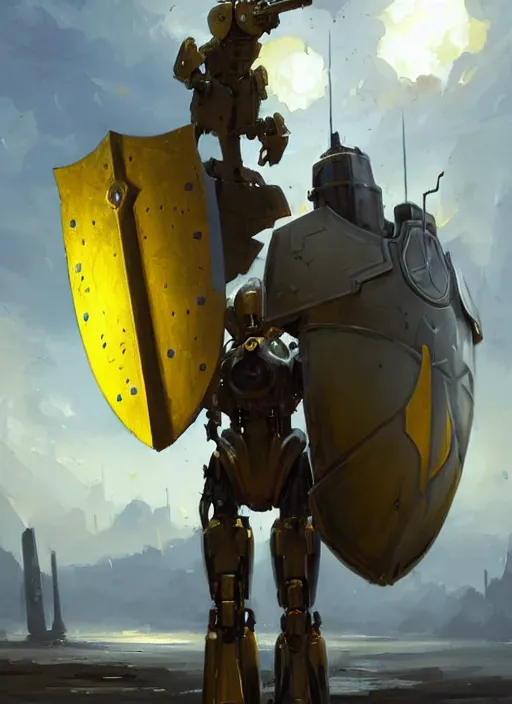 Prompt: tall strong yellow pit droid holding large paladin medieval shield!!! and a long medieval engraved powerful great sword, pancake short large head painterly humanoid mecha, beautiful fantasy background by Greg Rutkowski