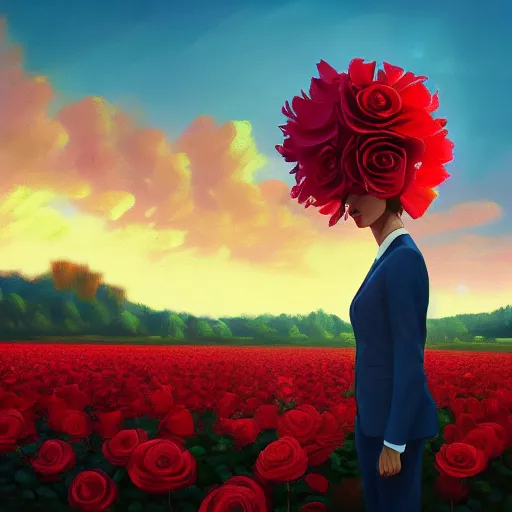 Image similar to closeup, giant rose flower head, frontal, girl in a suit, surreal photography, sunrise, blue sky, dramatic light, impressionist painting, digital painting, artstation, simon stalenhag