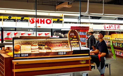 Image similar to A small wooden stand selling sushi stands in a large supermarket that sells groceries, cinematic lighting, commercial photography