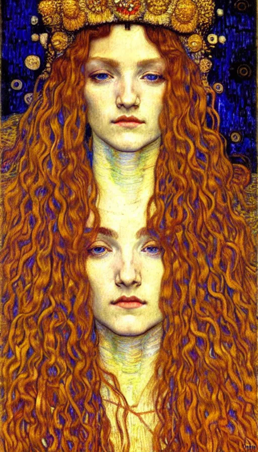 Image similar to detailed realistic beautiful young medieval queen face portrait by jean delville, gustav klimt and vincent van gogh, art nouveau, symbolist, visionary, gothic, pre - raphaelite, muted earthy colors, desaturated