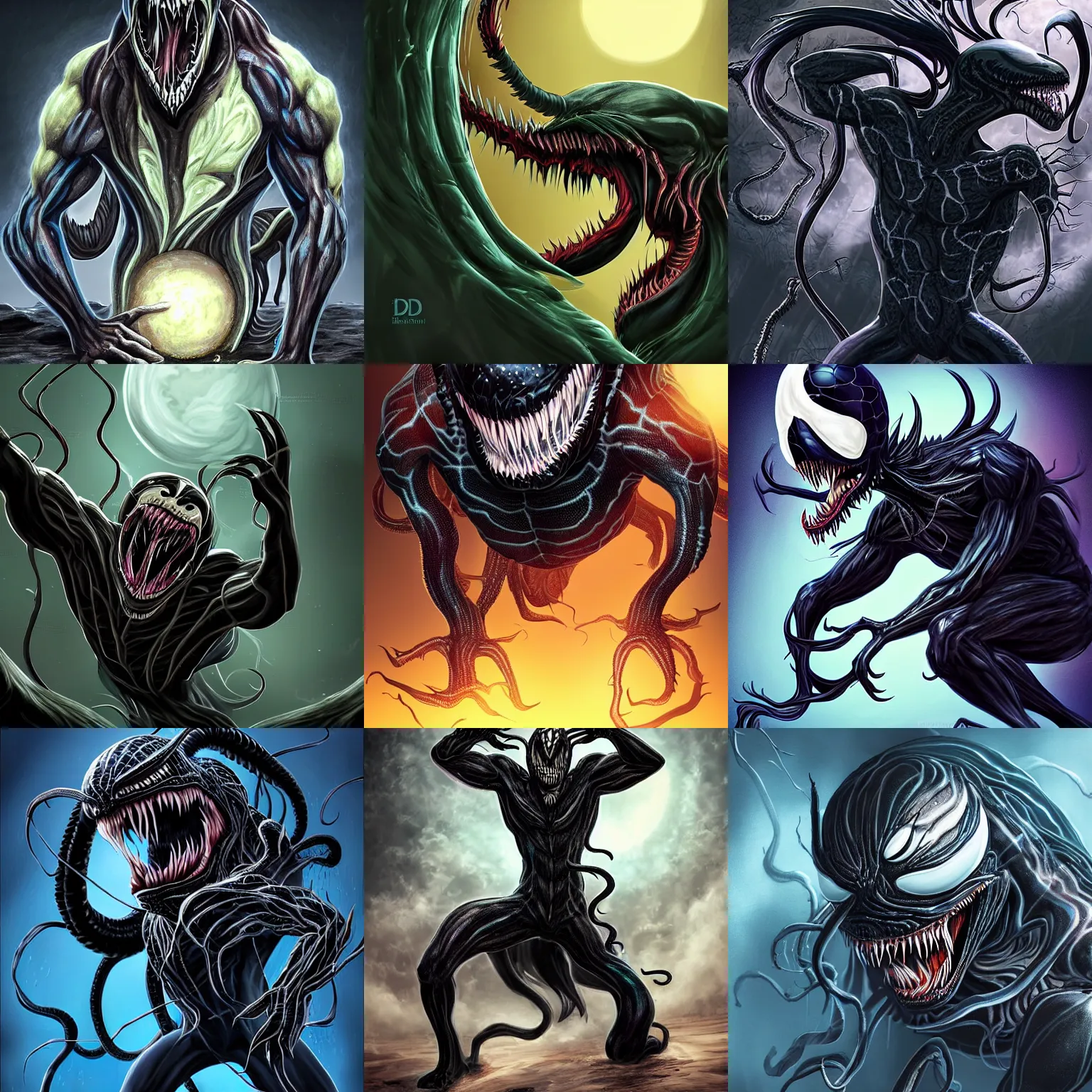 Prompt: man transforming into venom during a full moon, digital art, d & d, very detailed, slimey, gooey, pokemon, anime, 4 k hd