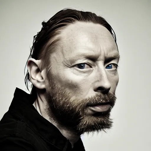 Image similar to Thom Yorke, Thom Yorke, Thom Yorke, with a beard and a black jacket, a portrait by John E. Berninger, dribble, neo-expressionism, uhd image, studio portrait, 1990s