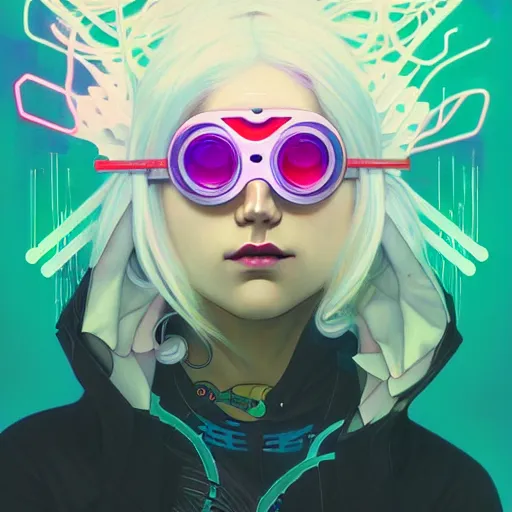 Prompt: a beautiful painting of a cyberpunk white hair blindfolded girl by sachin teng and pascal blanche and alphonse mucha! and nekro and josan gonzalez. in style of conceptual art. colorful comic, film noirs, brush stroke, vibrating colors, hyper detailed. octane render. trending on artstation