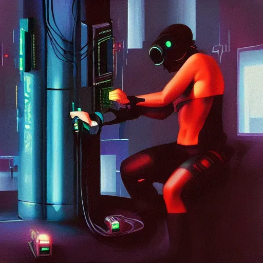 Image similar to cyberpunk tube prosthetics hooking someone up to the internet, painting by trevor browne