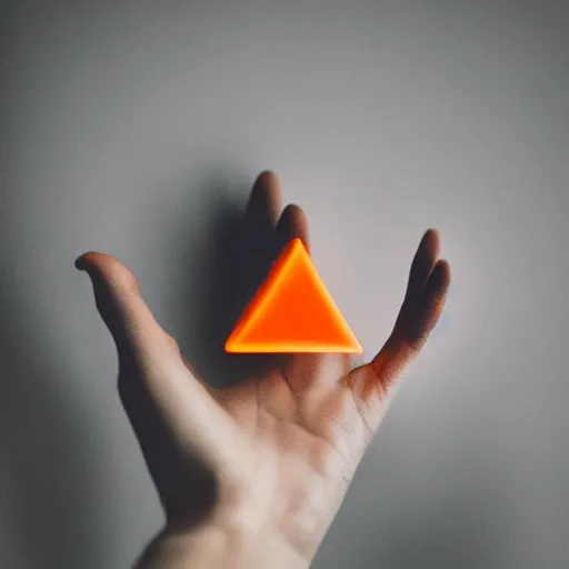 Prompt: a small glowing orange triangle floating above an open hand, dark lighting