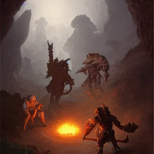 Image similar to a paladin, a rogue and a druid fighting against a giant toad inside a cave, d & d, fantasy, highly detailed, digital painting, artstation, concept art, character art, art by greg rutkowski and tyler jacobson and alphonse mucha