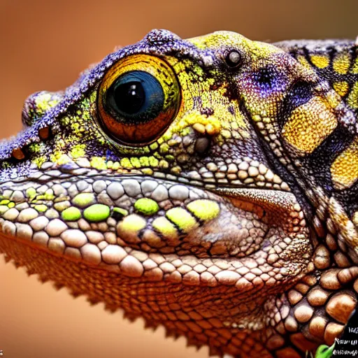 Image similar to An award winning photo of Tokay crocodile chameleon looking at the camera, cute, environmental portrait, wildlife photography, National Geographic, 4k