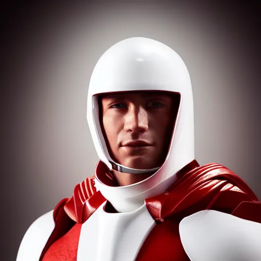 Image similar to headshot of a tall athletic muscular infantry man in glossy sleek white armor with tiny red details and a long red cape, heroic posture, strong jawline, on the surface of mars, night time, dramatic lighting, cinematic, sci-fi, hyperrealistic