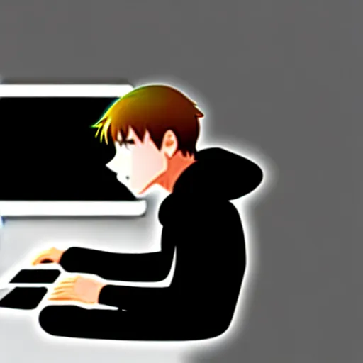 Prompt: a smart teenager boy with a black hoodie sitting behind his laptop and programming, digital art, anime style