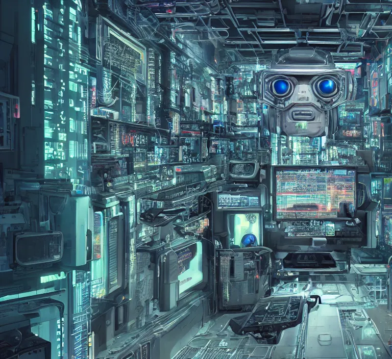 Image similar to hyperrealism stock photography of highly detailed stylish robot in cyberpunk sci - fi style by gragory crewdson and katsuhiro otomo, mike winkelmann with many details by josan gonzalez working at the highly detailed data center by mike winkelmann and laurie greasley hyperrealism stock photo on dsmc 3 system rendered in blender and octane render