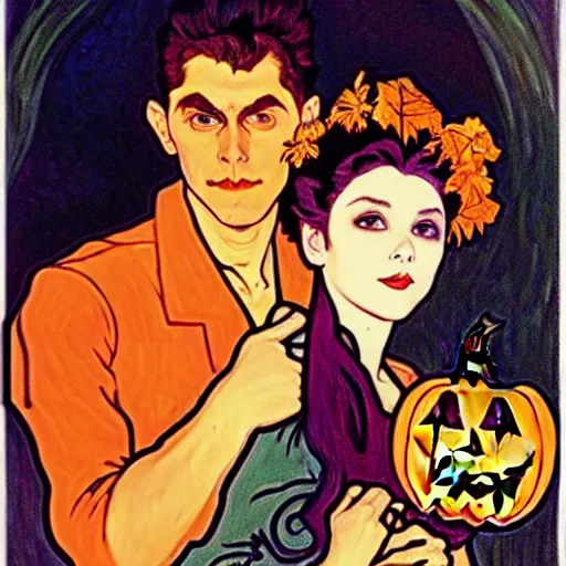 Image similar to painting of handsome young beautiful jeff and gorgeous rina together at the jack o'lantern halloween party, elegant, clear, painting, stylized, art, art by alphonse mucha, vincent van gogh, egon schiele,