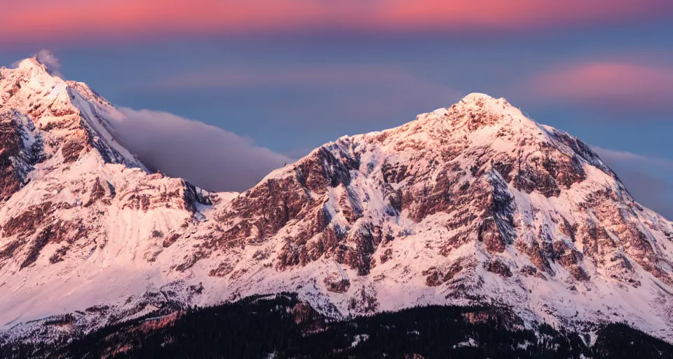 Image similar to professional photo of a snow topped mountain lit by the sunset