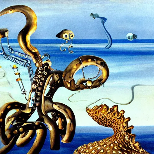 Image similar to a cybernetic Callistoctopus macropus giving a lecture in a shallow area of the Mediterranean Sea, midnight in Cap de Creus, oil painting by Salvador Dali