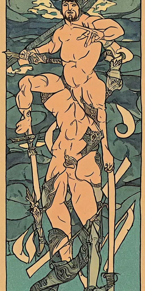 Prompt: full tarot card of a shirtless swordsman, dad bod, homoerotic, art deco, art nouveau, trending on artstation