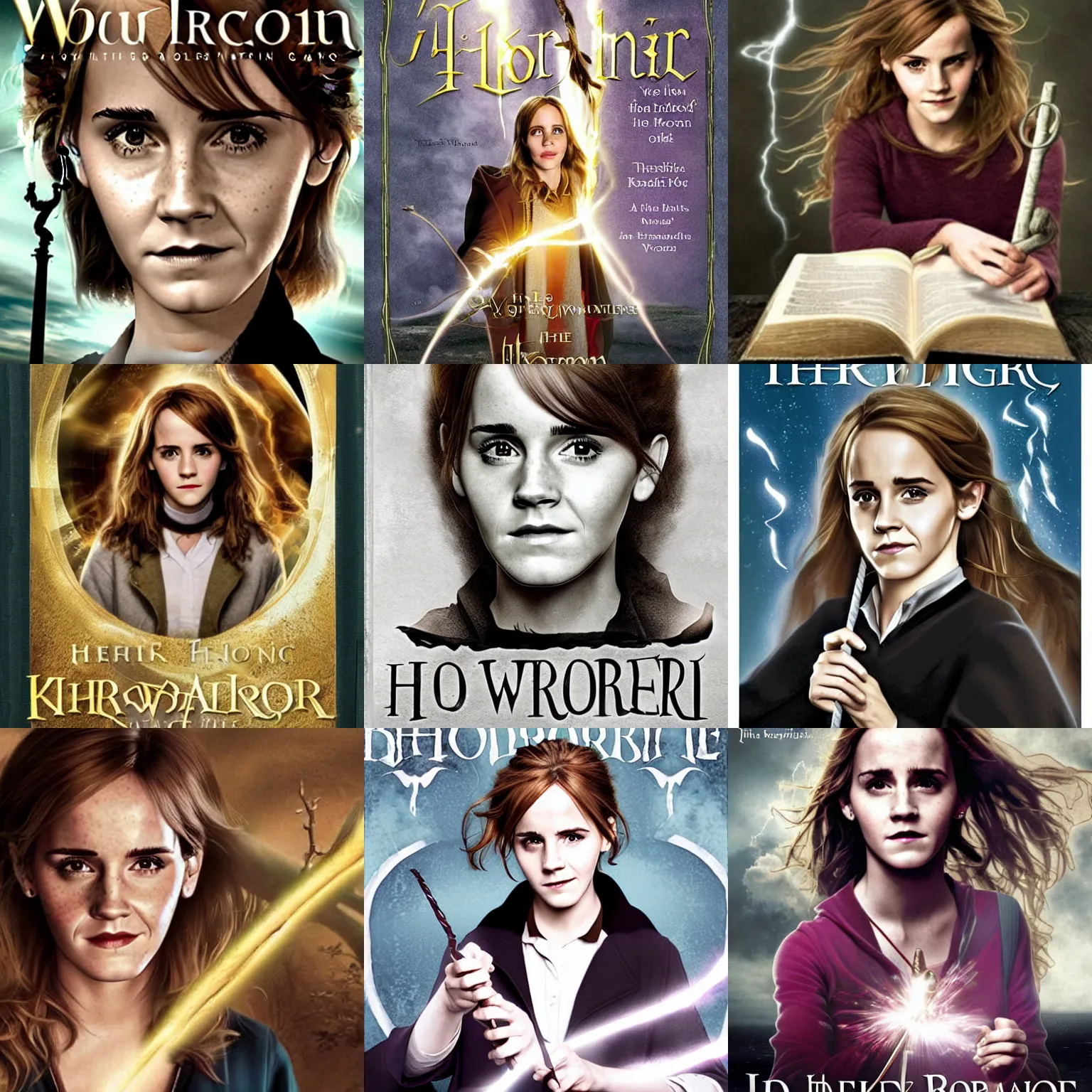 Prompt: book by jk rowling, the cover art is emma watson as hermione granger, holding the elder wand, casting a spell on voldemort