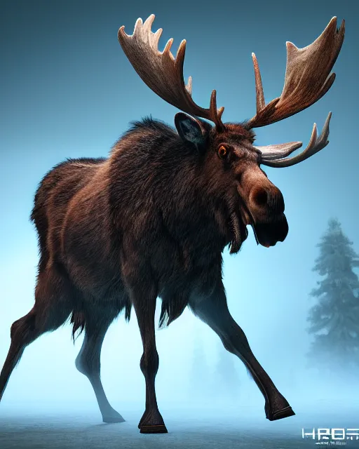 Prompt: demonic moose, hyper realism, cinematic, volumetric lighting, high detail, octane render, unreal engine, 8 k, vibrant colors, depth of field, concept art, dnd, digital art, ray tracing, apocalyptic, extremely detailed, very sharp,