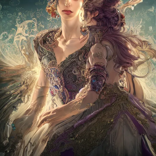 Image similar to the portrait of the lawful evil sorceress personified as an absurdly beautiful, graceful, elegant, sophisticated, mature woman, an ultrafine hyperdetailed illustration by kim jung gi, irakli nadar, intricate linework, bright colors, octopath traveler, final fantasy, unreal engine 5 highly rendered, global illumination, radiant light, detailed and intricate environment