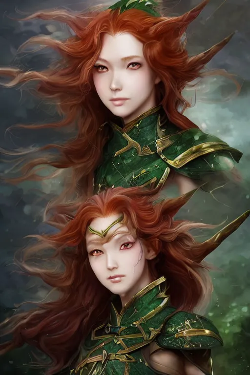 Prompt: A realistic anime portrait of long curly haired redhead female elf ranger wearing an intricate fantasy ranger outfit, asian facial features, green eyes, digital painting, by Stanley Artgerm Lau, Sakimichan, WLOP and Rossdraws, digtial painting, trending on ArtStation, SFW version