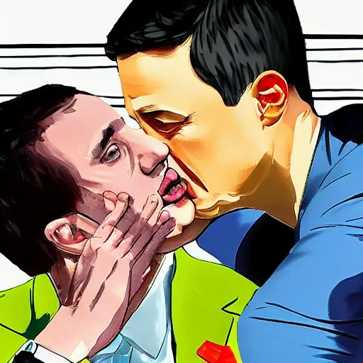 Image similar to Vladimir Putin kissing Zelensky in gta art style