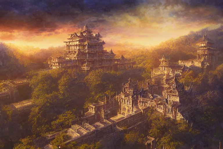 Image similar to fantasy painting, aerial view of an ancient land, sunset and ominous shadows over the kingdom, brutalist shiro himeji rivendell palace eden by jessica rossier and ( ( ( ( brian froud ) ) ) )