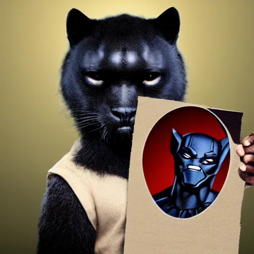 Prompt: black panther holding a monkey photograph