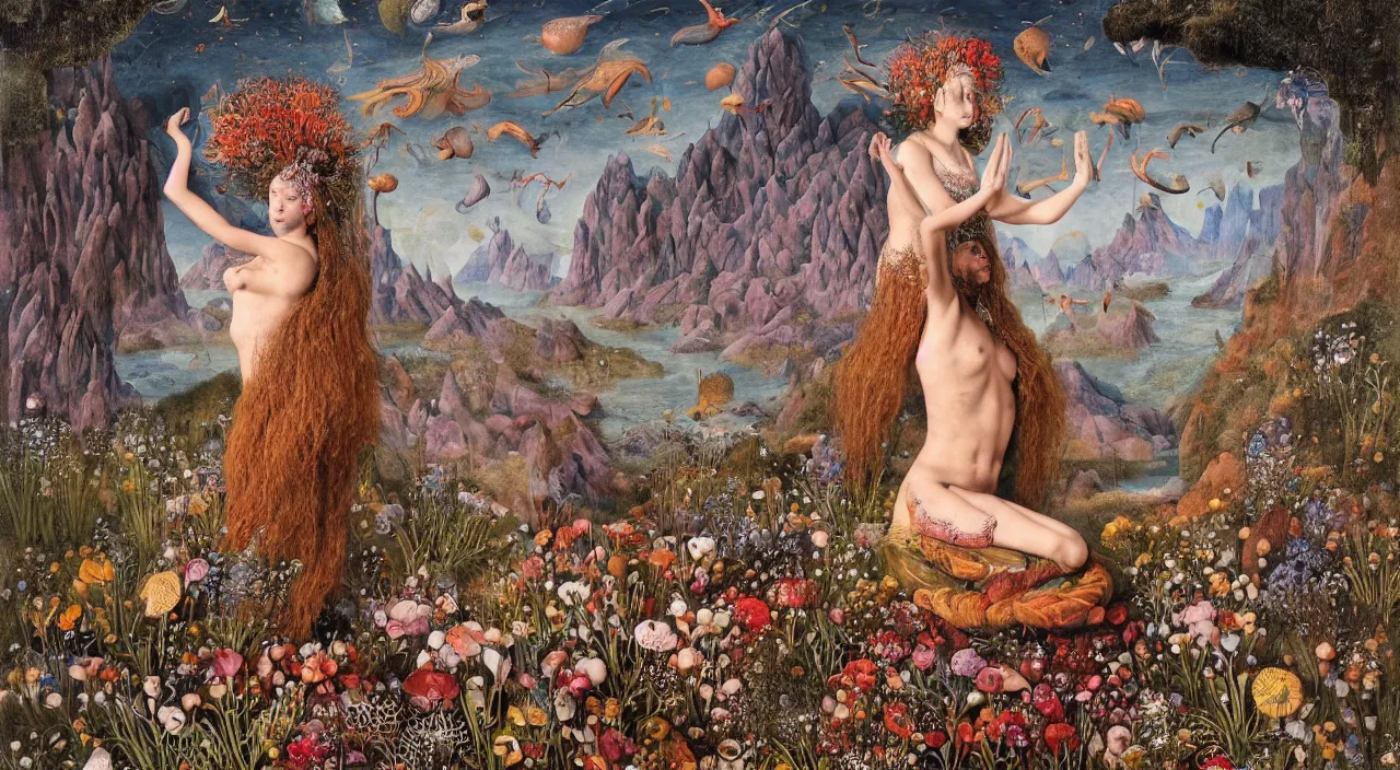 Prompt: a meditating druid mermaid surrounded by flowers. her skin is covered in scales and feathers. landscape with mountains, river and burning stars. painted by jan van eyck, max ernst and ernst haeckel, trending on artstation, 8 k, award winning, hard lighting, fashion editorial, mythology, photorealistic, ernst fuchs, bodhisattva