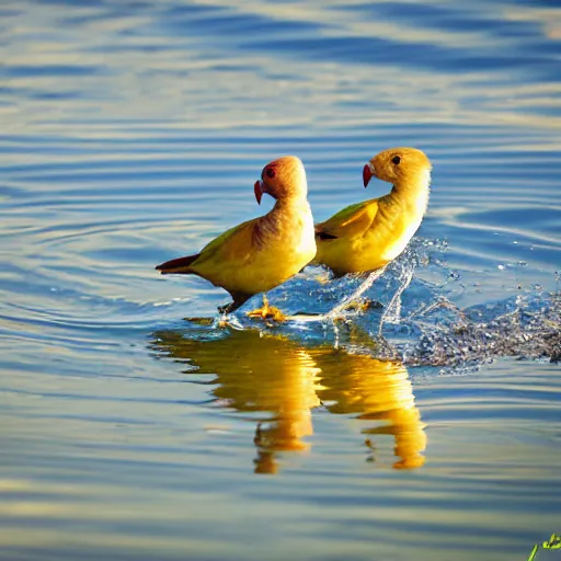 Prompt: lovebirds sitting in water, reflective, sunny day, landscape photography