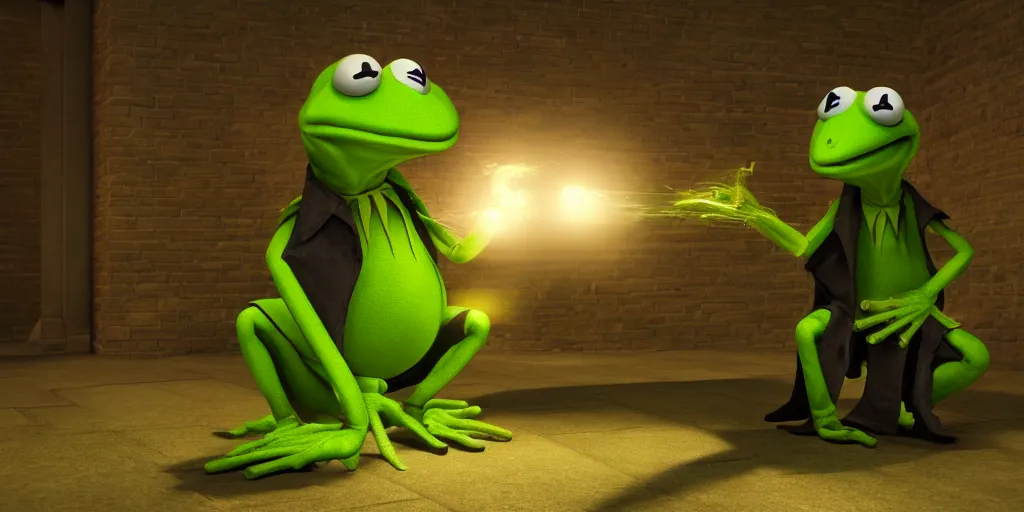 Image similar to the matrix starring kermit the frog dimly lit, unreal engine, octane render, 8 k