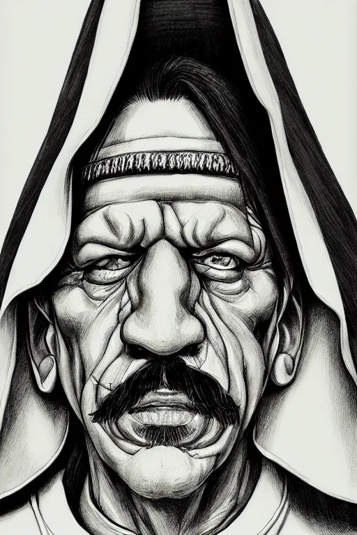 Image similar to portrait of Danny Trejo as church nun, highly detailed, artstation, manga illustration by Kentaro Miura berserk