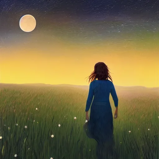 Image similar to giant daisy flowers as a head, girl walking in wheat field, hills, surreal photography, moon light, dark night, star trails, dramatic light, impressionist painting, clouds, digital painting, artstation, simon stalenhag