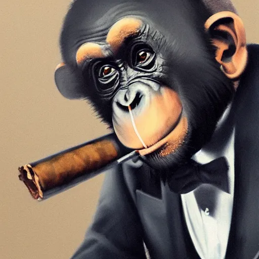 Image similar to a high detail photo of an antropomorphic chimp wearing a suit smoking a cigarrette, subject= chimp, subject detail: wearing a suit, subject action: smoking a cigarrette photorealism