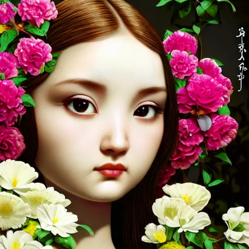 Image similar to a 3 d close up image of a beautiful young women looking at the camera surrounded by lush flowers mark ryden camera, pop japonisme 3 d ultra detailed