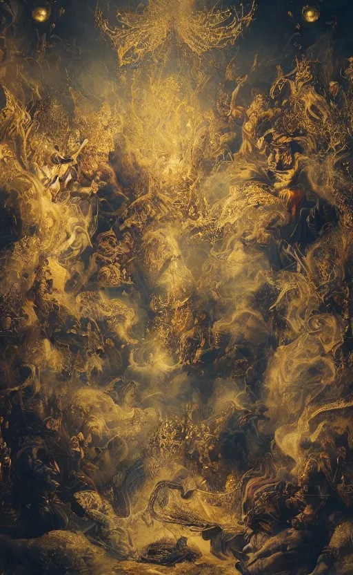 Image similar to 'Deamons Invade The Holy See' by István Sándorfi royally decorated, whirling smoke, embers, gold encrustations , gilt silk torn fabric, radiant colors, fantasy, perfect lighting, studio lit, micro details,