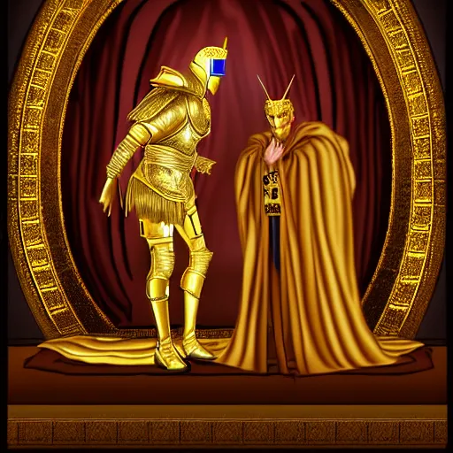 Image similar to a tall and powerful royal knight in golden armor bowing to his king in a throne room, digital art, harsh lighting